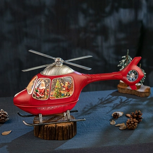 Red helicopter Christmas snow globe with Santa Claus and glitter on rustic wooden base