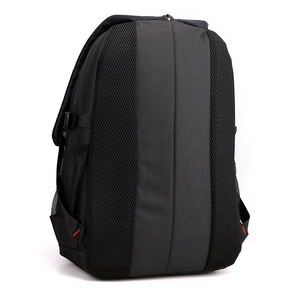 Ergonomic breathable mesh back panel and padded S-straps on black travel backpack