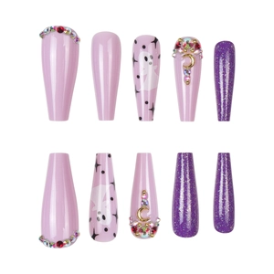 Halloween long ballerina press-on nails with purple glitter, ghosts and rhinestones