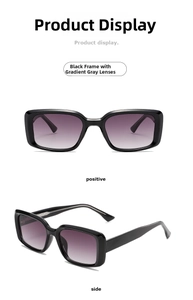 Front and side view of rectangular black sunglasses with gradient grey lenses