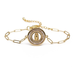 Bracelet doré Vierge Marie avec zircons micro-pave et chaîne à maillons trompette