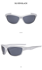 Front and side views of silver cyberpunk sports sunglasses with black lenses