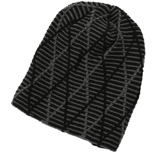 Close-up of black and grey striped knit beanie with diamond mesh pattern texture