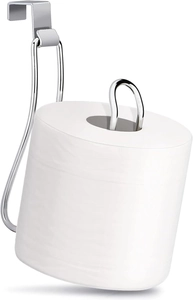 Detail of silver chrome iron toilet paper holder showing wall-mount hook design