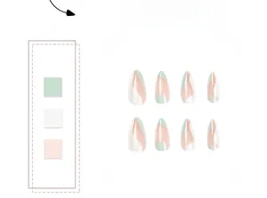 Gros plan sur des faux ongles en amande avec motifs ondulés vert menthe et blanc crème