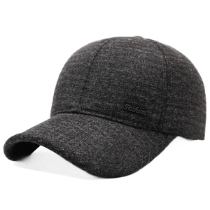 Dark gray woolen baseball cap with ear flaps and Fashion metal label for winter warmth