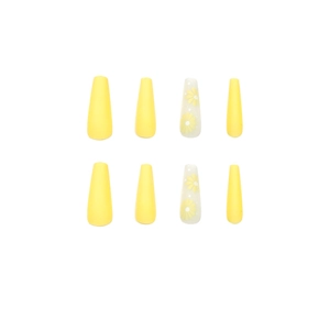 Yellow matte coffin press-on nails with fresh daisy floral designs on white background