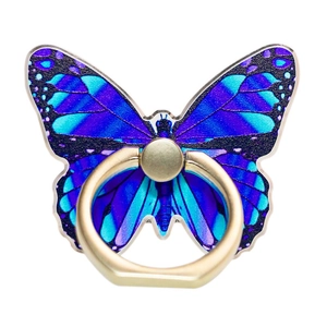 Detail of creative blue butterfly phone ring holder with gold metallic finger grip