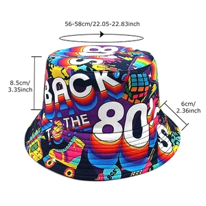 Retro 80s tape and roller skate print bucket hat for sun protection with size dimensions