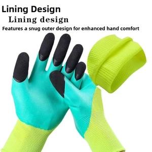 Detail showing inner lining design and teal rubber coating of gardening gloves