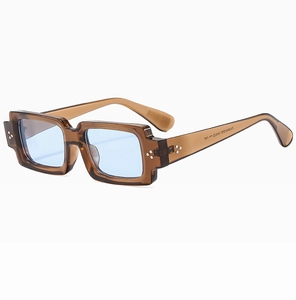 Detail view of square sunglasses featuring brown acetate frames and metal rivet accents