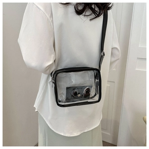 Back view of model wearing a transparent PVC crossbody bag with black trim and wide strap