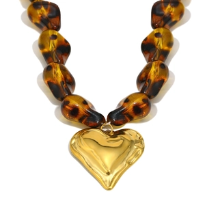 18K gold plated heart necklace with amber leopard print acrylic beads for women