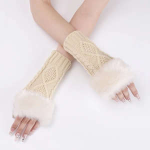 Detailed cable knit pattern on warm fingerless gloves with soft faux fur trim
