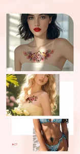 Dettaglio di tatuaggi temporanei colorati con fiori e animali su petto e vita