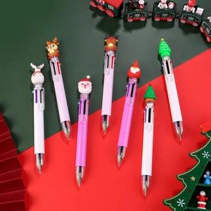 Christmas 6-color shuttle pens with cute cartoon Santa and reindeer toppers on festive backdrop