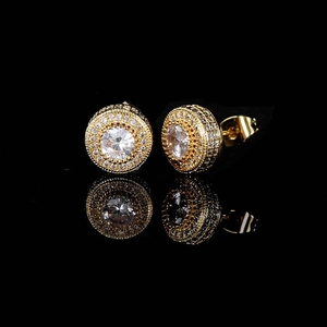Golden round hip hop stud earrings with pave cubic zirconia and 925 silver needles