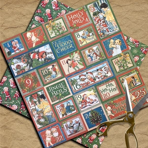 Vintage Christmas advent calendar paper sheets with numbers 1-25 and festive motifs