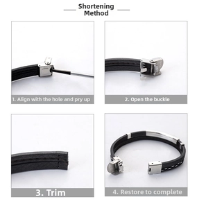 Guide showing how to cut and adjust the length of a woven leather bracelet buckle