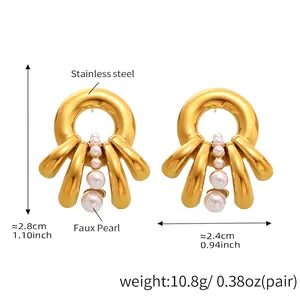 Detail of gold stainless steel multi-layer earrings with faux pearls and dimensions