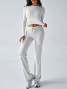 Slim fit Y2K light grey long sleeve crop top and drawstring pants set for casual wear