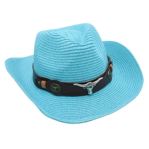 Detail of light blue straw cowboy hat featuring a leather band with metal bull head emblem
