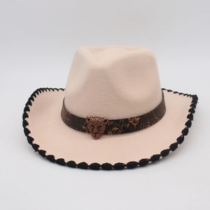 Ethnic style beige felt cowboy hat with leopard band and bronze leopard head ornament