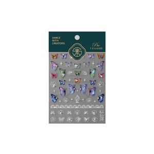 3D butterfly nail art stickers with floral and pearl accents on deep blue card TL-100