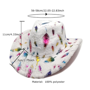 Chapeau de cowboy blanc en fausse fourrure avec plumes colorées et fini 100% polyester