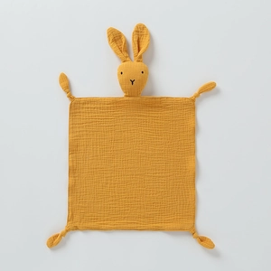 Yellow cotton muslin baby security blanket with cute bunny head and knotted corners