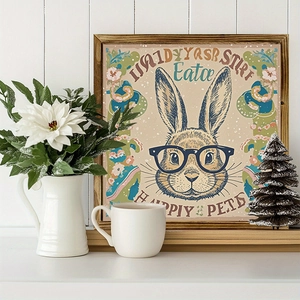 Easter wooden frame with bunny wearing glasses and floral patterns on a shelf