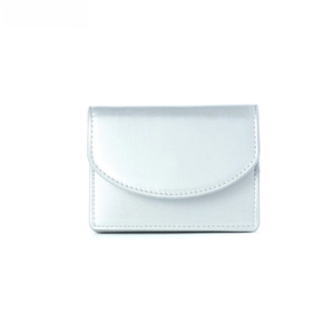 Detailed front view of a minimalist silver metallic flap wallet with neat stitching