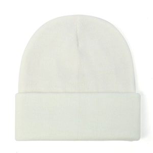 Close-up of white ribbed knit beanie showing high-quality winter warm fabric and cuffed edge