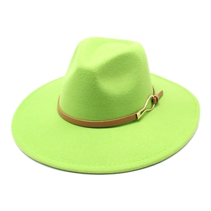 Detailed texture of neon green wool felt fedora with brown leather belt and buckle