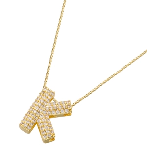 Macro view of gold-plated K-shaped pendant with micropave white zircon and box chain