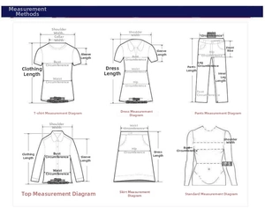 Guide des tailles avec schémas de mesure pour l'épaule, le buste et la taille des robes