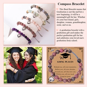 Bracelet de remise de diplôme en pierre naturelle avec pendentif cœur sur carte rose