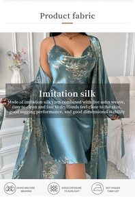 Detailed view of gray-blue floral imitation silk satin robe and camisole nightgown set