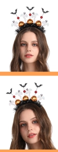 Detail of Halloween headband featuring sequins bats, white ghosts and orange disco balls