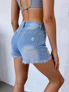 Short en jean taille haute pour femme bleu clair avec ourlet effiloché et effet push-up