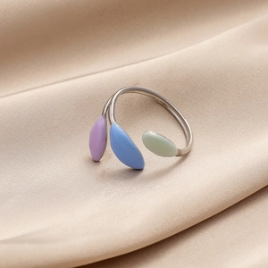 Silver adjustable stainless steel ring with three colored teardrop stone accents