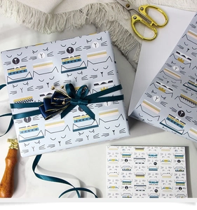Vue détaillée du papier cadeau kraft blanc 80g avec motif de chat mignon
