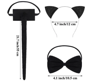 Three-piece black cat costume set with headband, bow tie, and tail dimensions shown