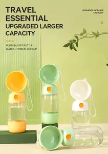 Close-up of portable pet water and food bottles in yellow, green and white colors