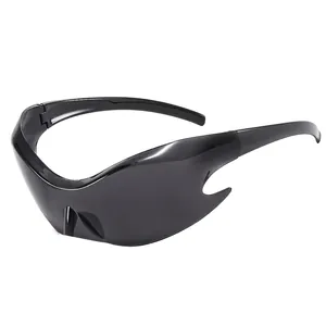 Y2K futuristic wraparound sunglasses with dark lenses and flame cutout details