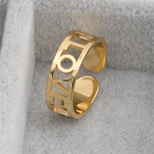 Adjustable golden open ring with LOVE cutout design in a premium jewelry display box