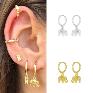 Retro Minimalist Elephant Hoop Earrings For Women Copper Gold Silver Plated Bohemian Ethnic Animal Pendant Drop Earrings