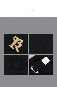 Close-up of golden letter R embroidery on distressed baseball cap with metal buckle
