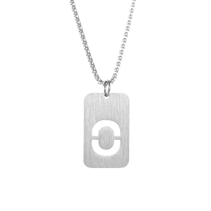 Macro shot of silver titanium steel necklace featuring a hollowed letter C pendant