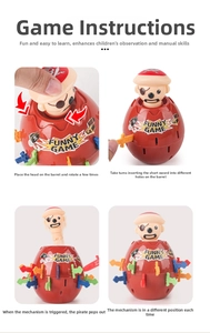 Detailed four-step assembly guide for the pirate barrel game with colorful toy daggers